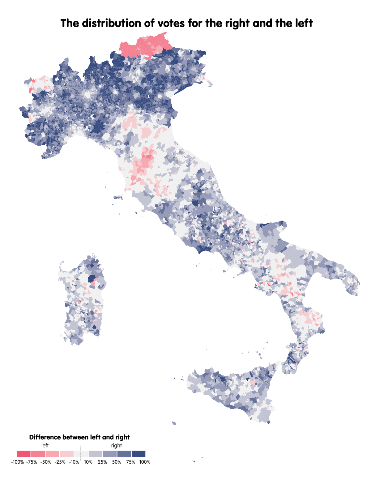 Italy - The distribution of votes for the right and the left
